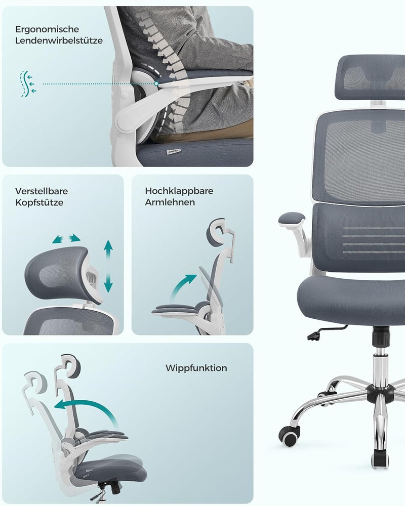 SONGMICS Bürostuhl, Schreibtischstuhl, ergonomisch, klappbare Armlehnen, hohe Rückenlehne, Netzstuhl