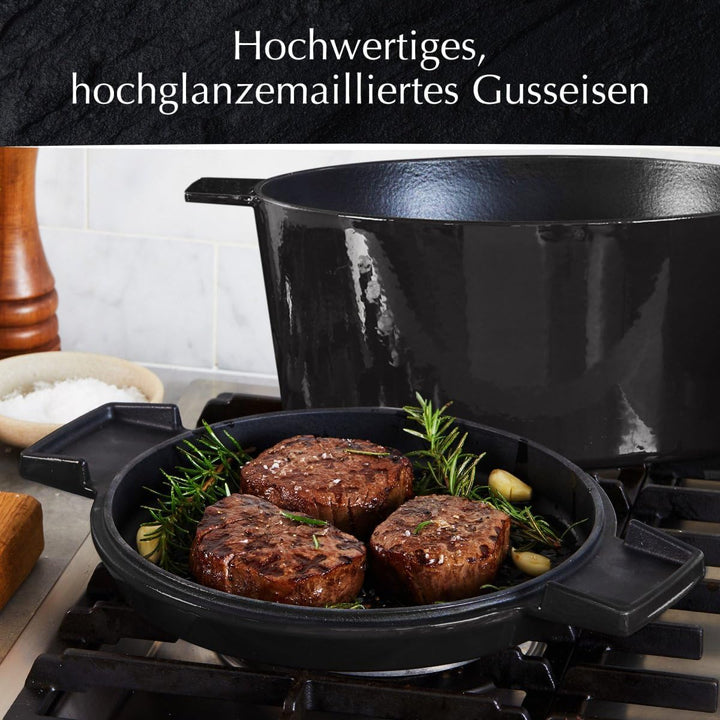 Stanley Rogers Cocotte runder Gusseisen Bräter emailliert 6,5l 28cm schwarz I Praktische Grillpfanne