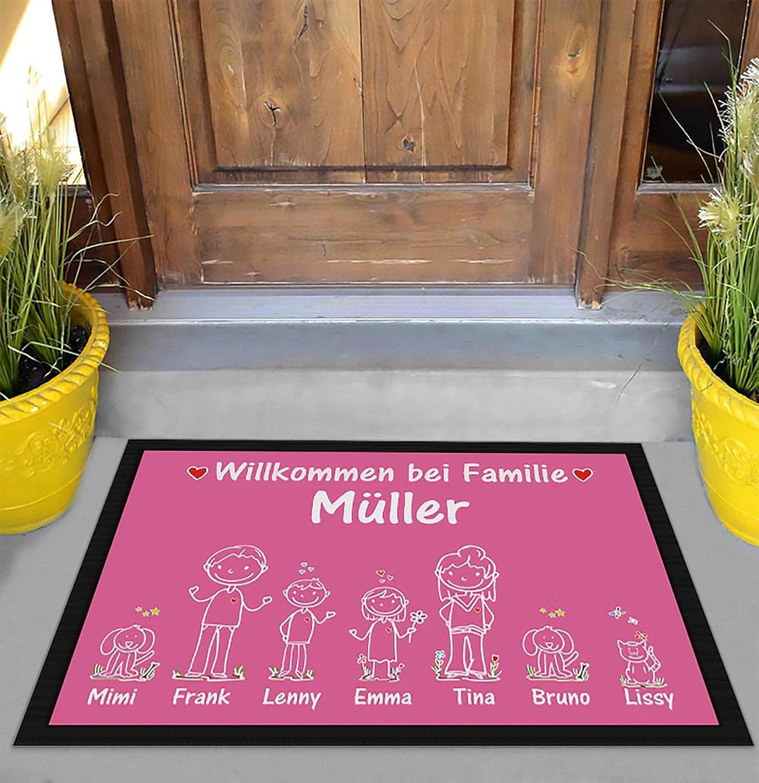 Fussmatte selbst gestalten - Familien Namen 1,2 oder 3 Kinder, Hund, Katze - Willkommen - individuel