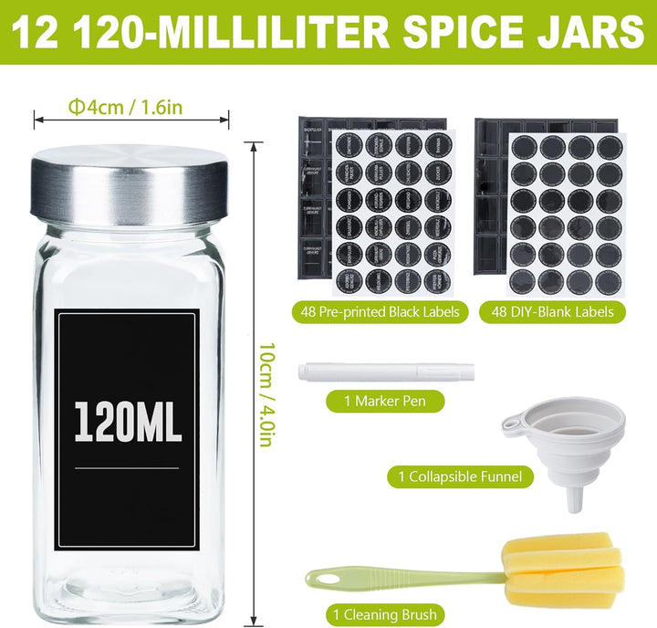 12 Stück Gewürzgläser Eckig Set Gewürzglas Aus Glas Spice Jars 120ML Gewürzdosen Mit Etiketten Marke
