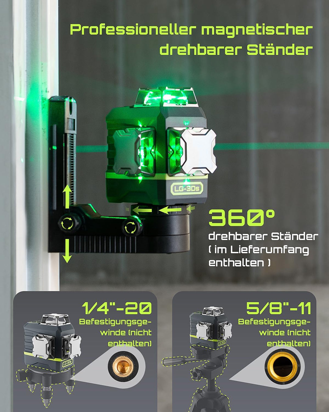 LasGoo Kreuzlinienlaser Selbstnivellierendes 360°x3 grün für Bau und Aufhängen von Bildern, Fernbedi