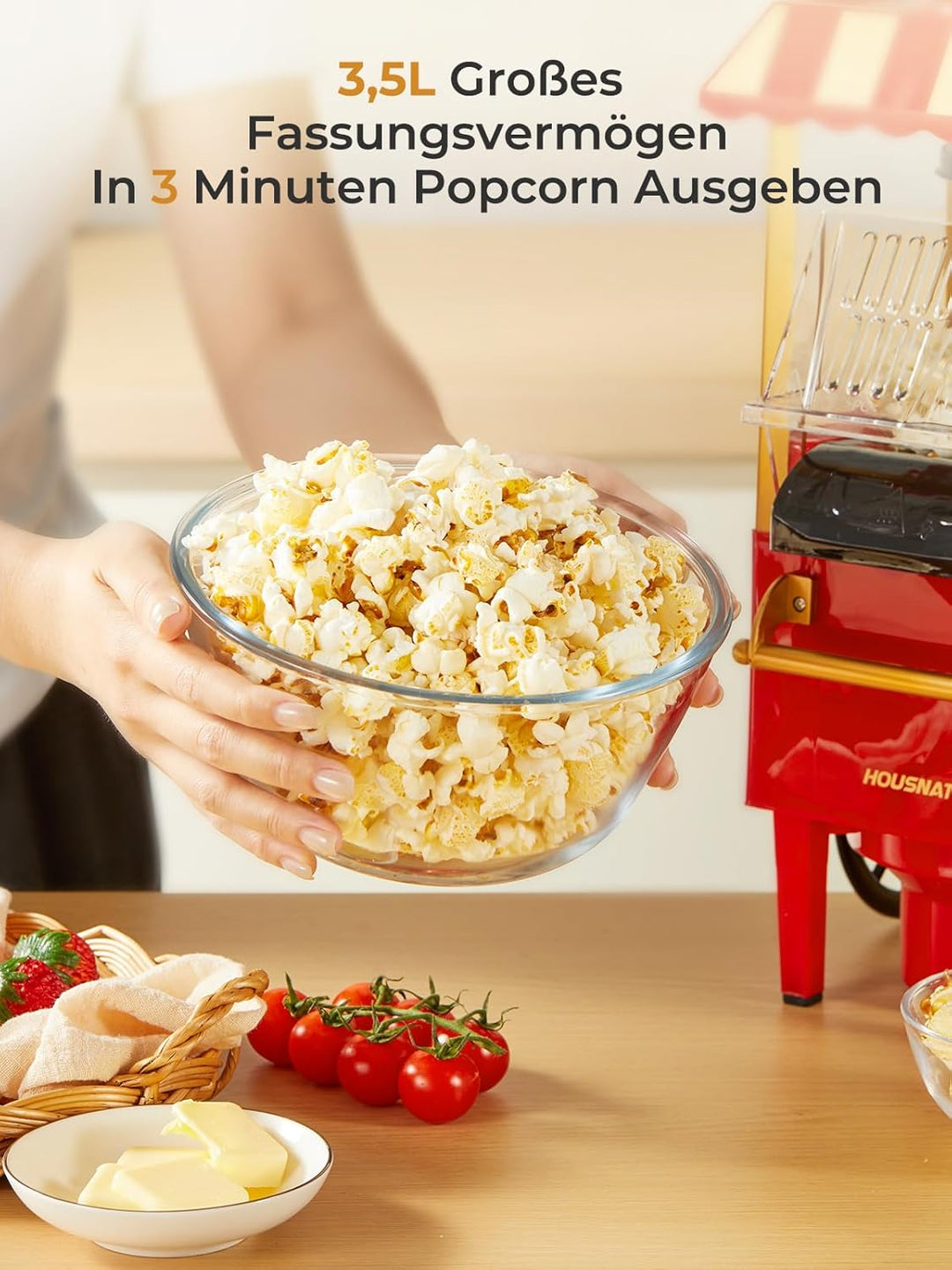 3,5L Popcornmaschine, HOUSNAT 1200W Heissluft Popcorn Maschine, Fettarme Ölfreie Popcorn Snack, Popc