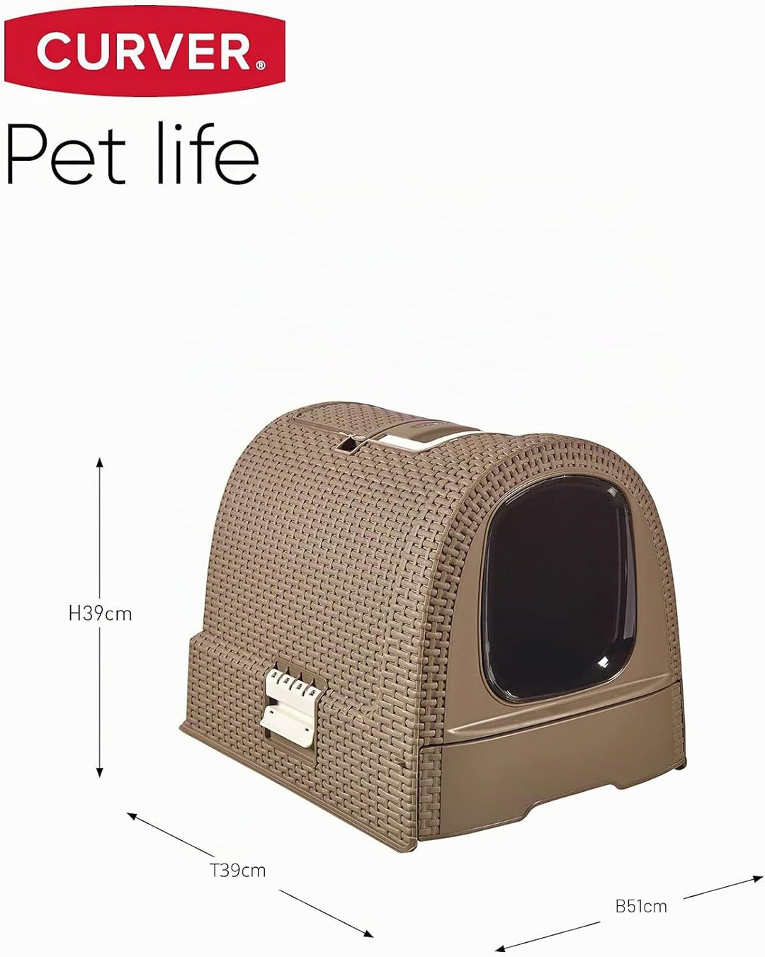 Curver petlife Katzentoilette mit Deckel, Katzenklo inklusive Schaufel, Moderne Rattangeflecht-Optik