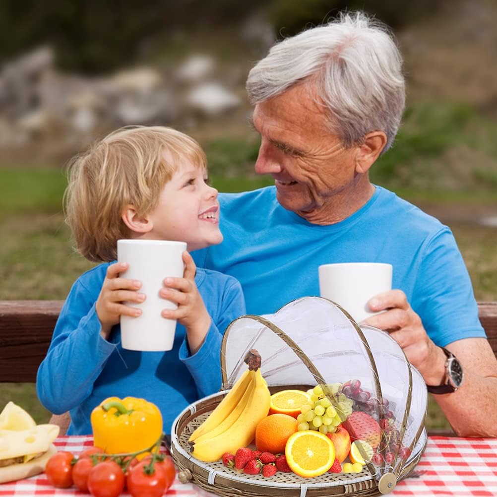 Bambus-Obstkorb mit Netzabdeckung, Fliegennetz, Lebensmittelzelt für Picknick, handgewebter Seegrask