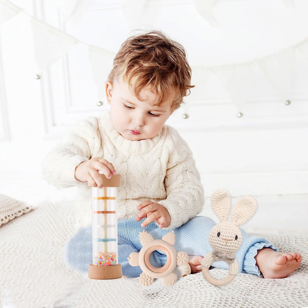 Baby Rassel Set 0 3 6 9 Monate - 3 Stück Baby Rassel Beissring Set mit Gehäkelte Babyrassel und Holz