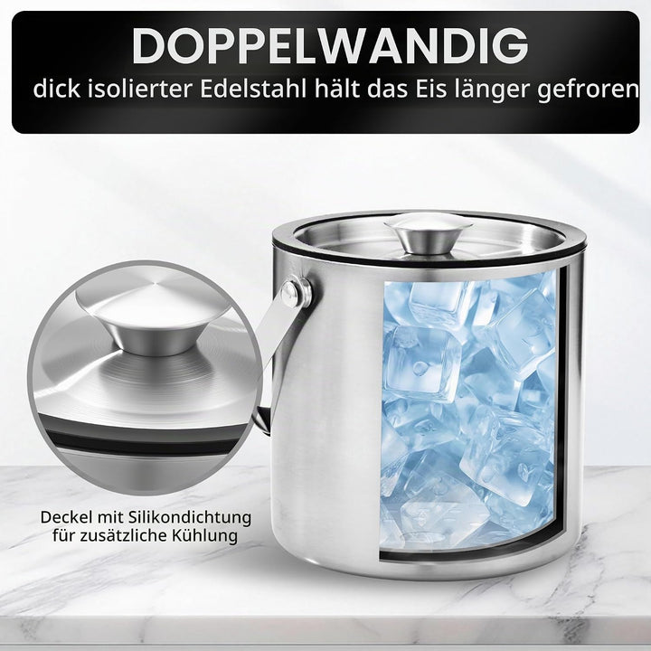 2L Eiswürfelform, Eiskübel mit deckel,Eiswürfelbehälter edelstahl mit Clips und Sieb, ideal für Part