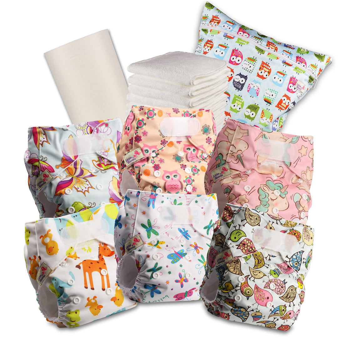 Littles & Bloomz 603VM6 Wiederverwendbare Windel mit Klettverschluss, 6 Windeln + 6 Einlagen, 1 Einw