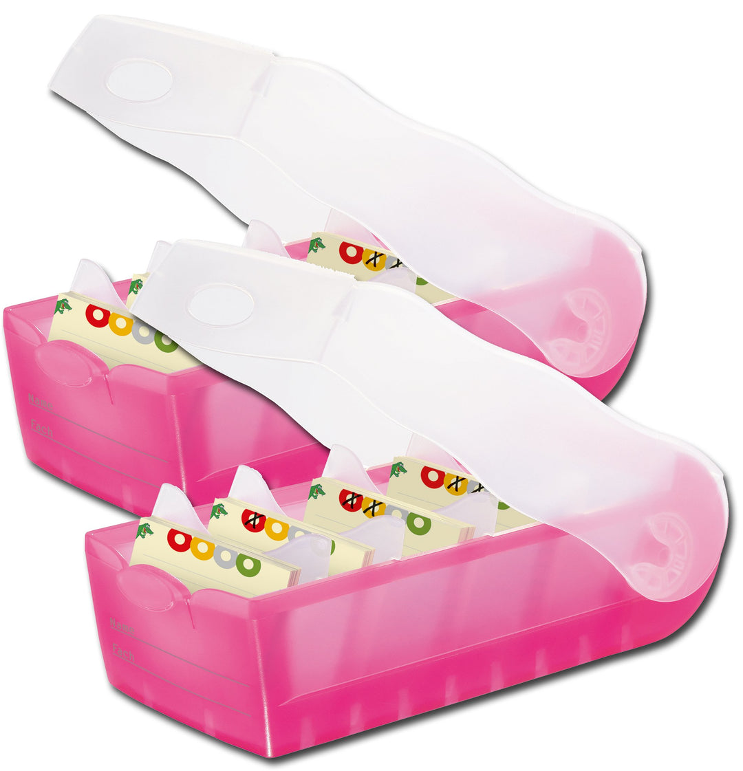 Karteibox CROCO A7, transl.-pink mit 5 Stützen und 100 Karten, 2 Boxen-Sparset
