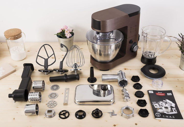G21 Küchenmaschine Promesso Braun, 1.500 Watt, 3 in 1 Küchenmaschine, Mixer, Fleischwolf, komplettes
