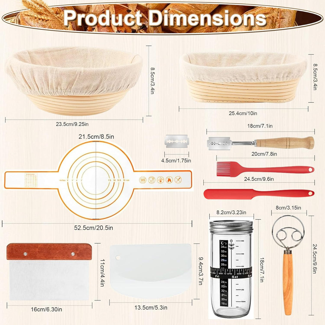 10 Stück Sauerteig Starter Set, 23 cm runde und 25 cm ovale Gärkörbchen, 730 ml Gärgläser, Teigbackz