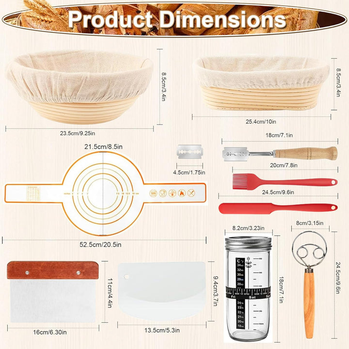 10 Stück Sauerteig Starter Set, 23 cm runde und 25 cm ovale Gärkörbchen, 730 ml Gärgläser, Teigbackz