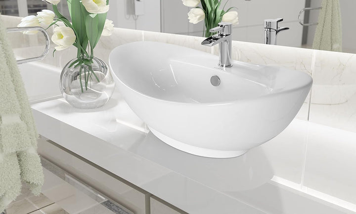 VBChome Waschbecken 59 x 39 cm Keramik Weiss Oval Pop-up ventil Click-Clack Waschtisch Handwaschbeck