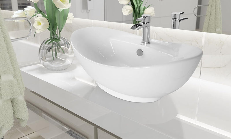 VBChome Waschbecken 59 x 39 cm mit Hahnloch Keramik Weiss Oval Waschtisch Handwaschbecken Aufsatzwas