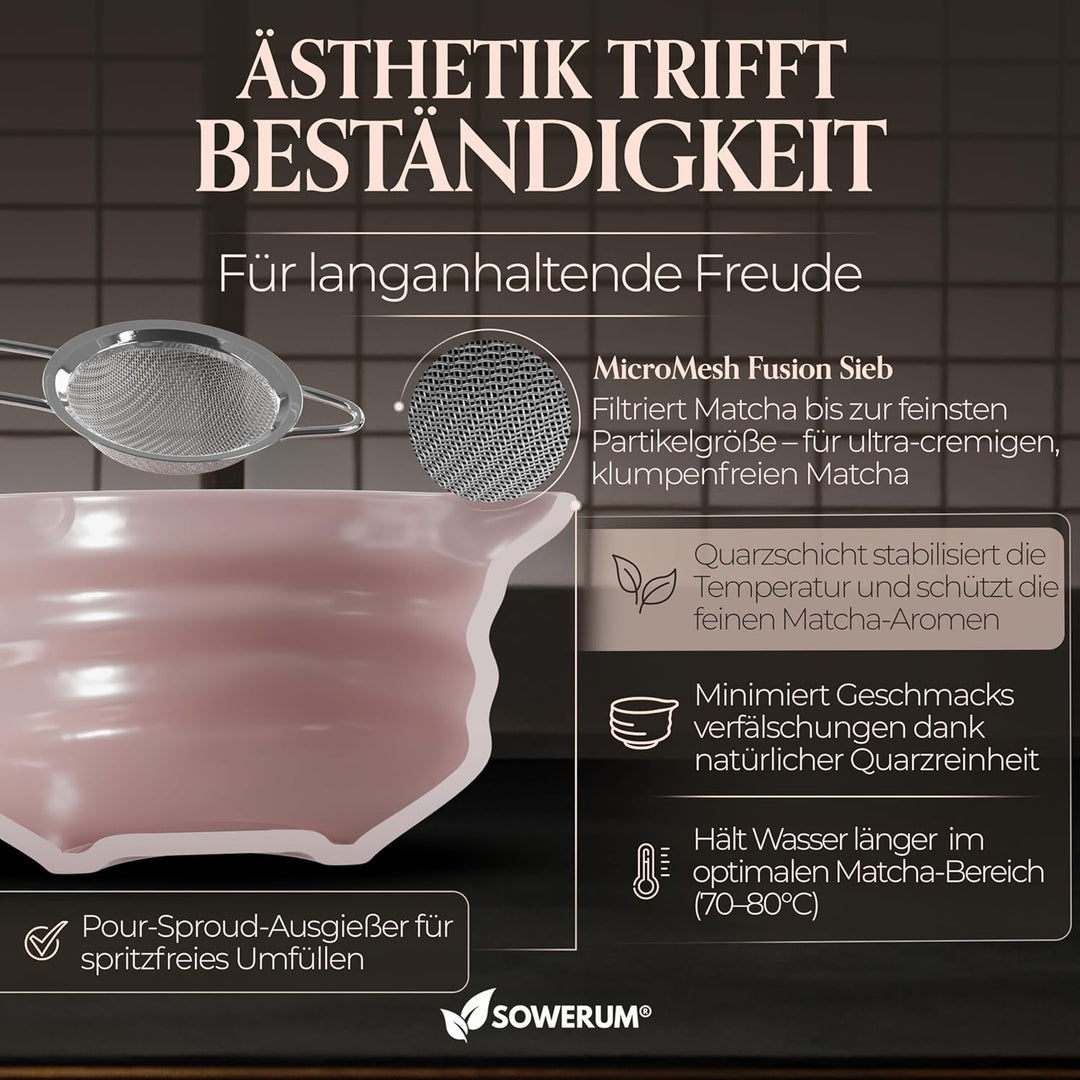 Matcha Set Rosa 5-teilig Schale mit Ausgiesser und [EXTRA ROBUSTEM] Matchabesen Spülmaschinenfest Ma