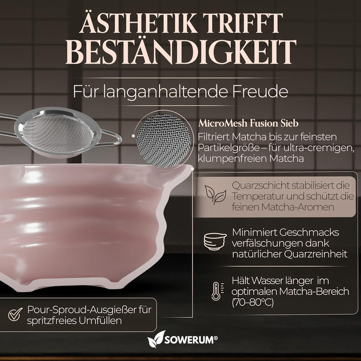 Matcha Set Rosa 5-teilig Schale mit Ausgiesser und [EXTRA ROBUSTEM] Matchabesen Spülmaschinenfest Ma