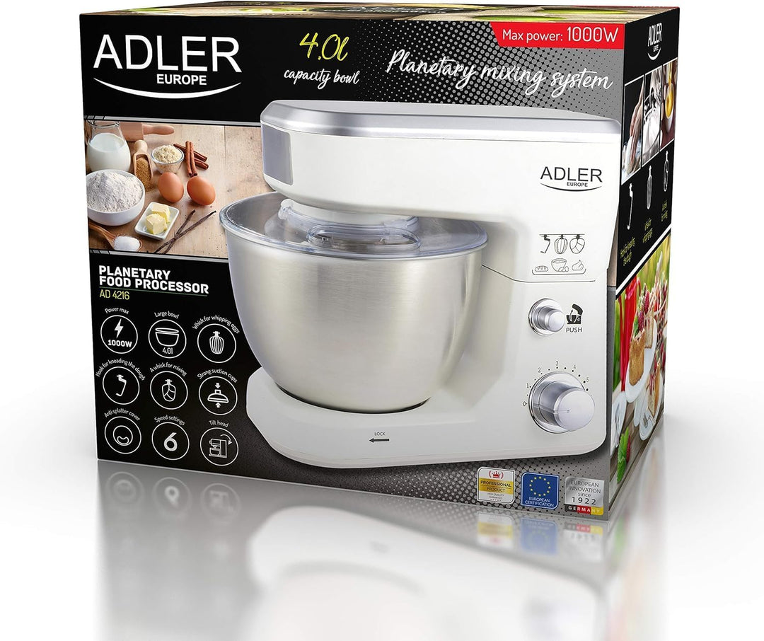 adler AD4216 Knetmaschine, 4 Liter, Einstellbare Geschwindigkeit, 1000 W, Weiss, Edelstahl Rostfrei