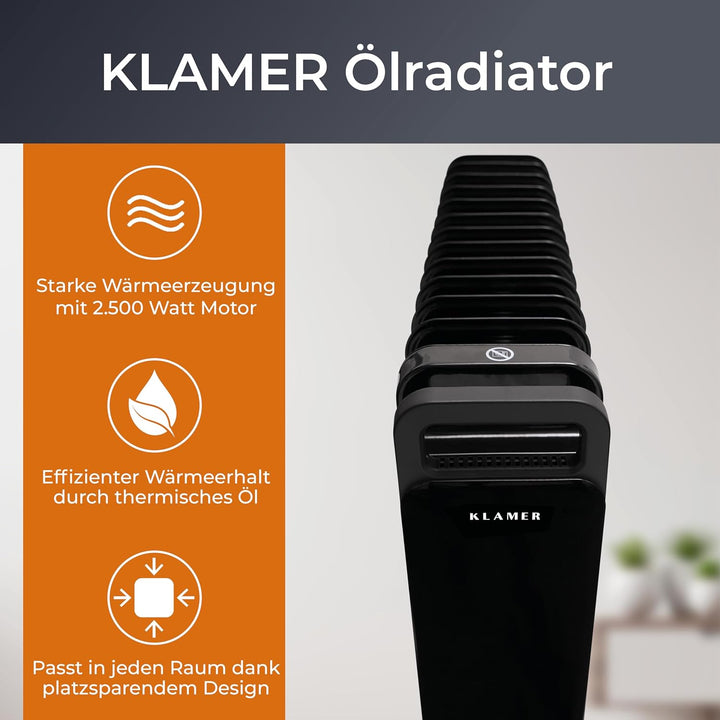 KLAMER Ölradiator 2500 W, Elektroheizung energiesparend, 13 Rippen, 3 Heizstufen mit Eco-Modus, 24h