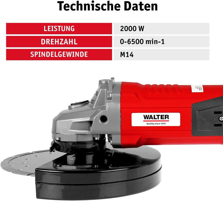 WALTER Winkelschleifer 2000 Watt, Scheiben-Ø: 230 mm, Polieren, Flexen, Flächen und Kanten schleifen