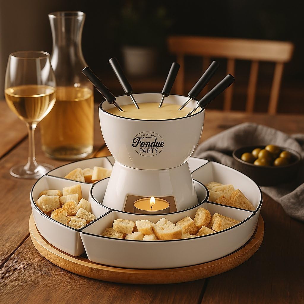Fondue Set für 4 Personen - Bambus und Porzellan - Inklusive Schalen und Gabeln - 30 x 30 x 19 cm