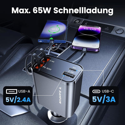 RAMPOW Einziehbares Auto Ladegerät, Autoladegerät Zigarettenanzünder,[65W 4in1] kfz ladegerät USB c,