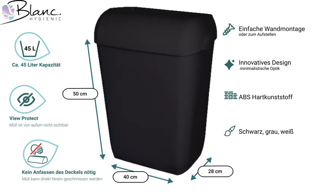 Blanc HYGIENIC Abfallbehälter Premium BIN – Mülleimer mit abnehmbarem Deckel, Abfalleimer 45 Liter,