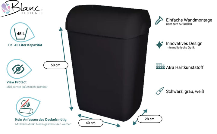 Blanc HYGIENIC Abfallbehälter Premium BIN – Mülleimer mit abnehmbarem Deckel, Abfalleimer 45 Liter,