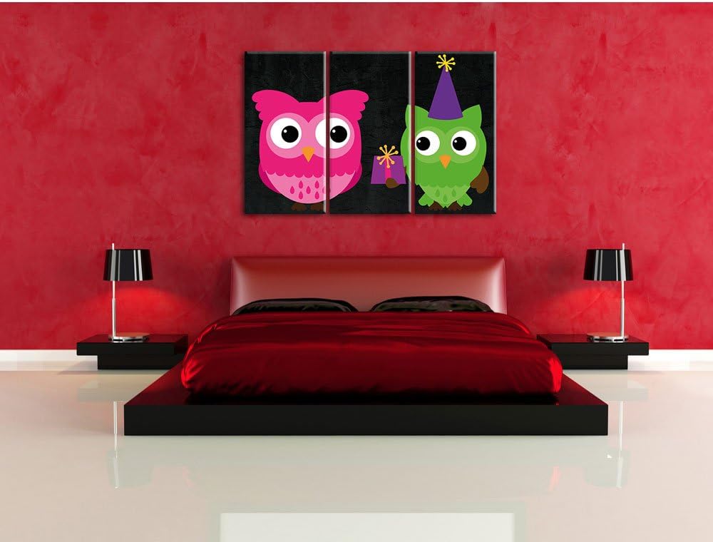 Pixxprint Eulen mit Geschenk als Leinwandbild/Grösse: 3 Teilig (120x80) cm/Wandbild/Kunstdruck/ferti