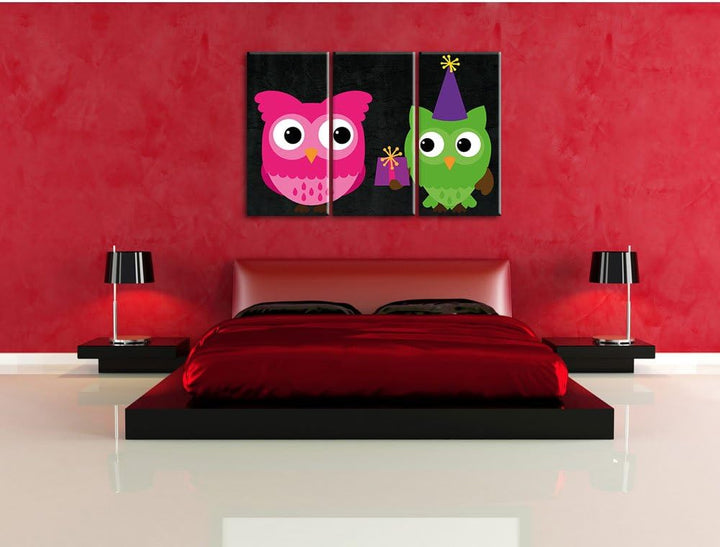 Pixxprint Eulen mit Geschenk als Leinwandbild/Grösse: 3 Teilig (120x80) cm/Wandbild/Kunstdruck/ferti