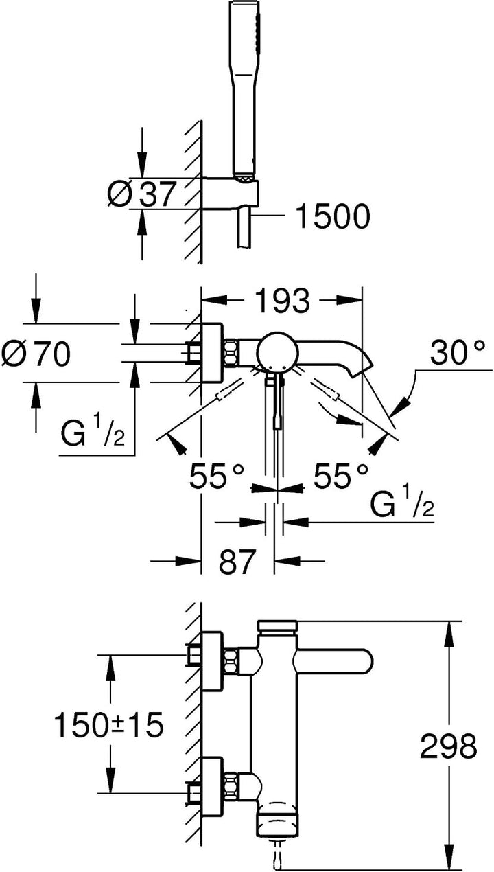 GROHE Essence | Badarmaturen - Einhand-Wannenbatterie | für Wandmontage mit Brausgarnitur | chrom |