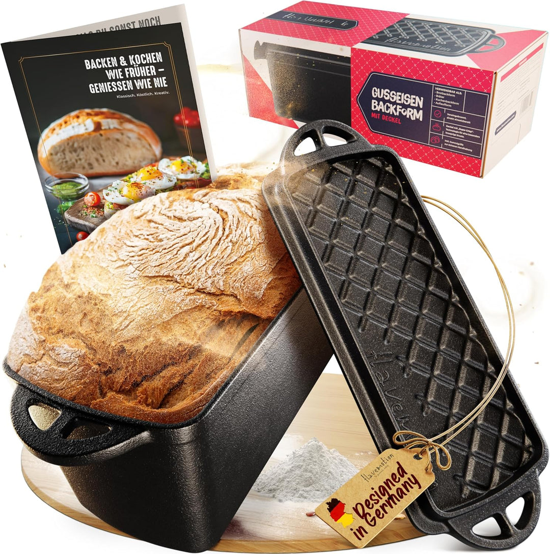 Flavemotion Brotbackform mit Deckel - Robuste rechteckige 28cm Backform aus Gusseisen - Ideal als Ka