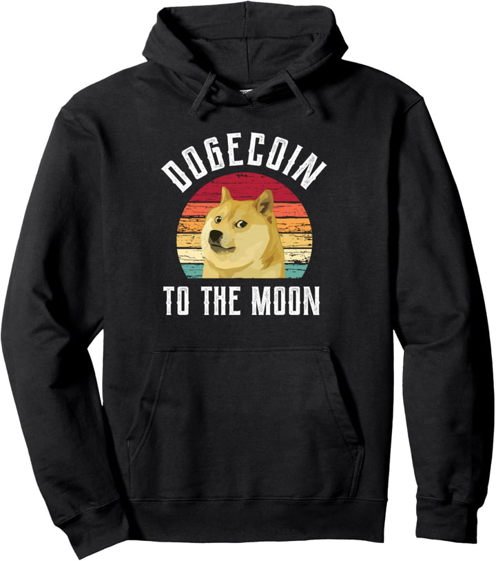 Retro Dogecoin to the Moon, Cool Sunset Doge Coin Crypto Pullover Hoodie