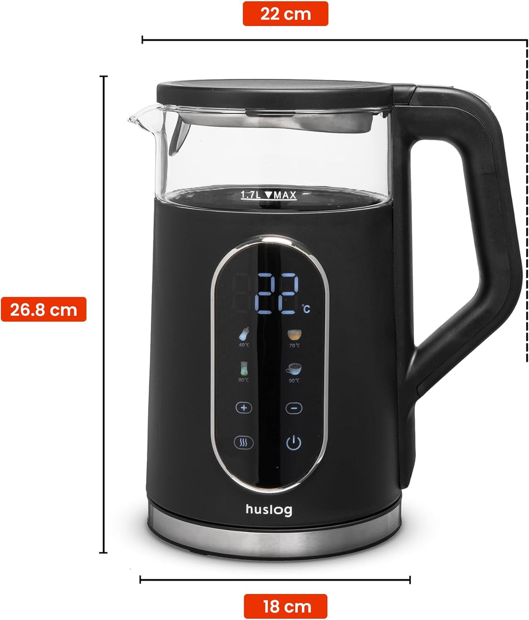 Elektrischer Wasserkocher mit Temperaturanzeige Glas 1,7L 2200W Touchpanel LED Display Warmhaltefunk