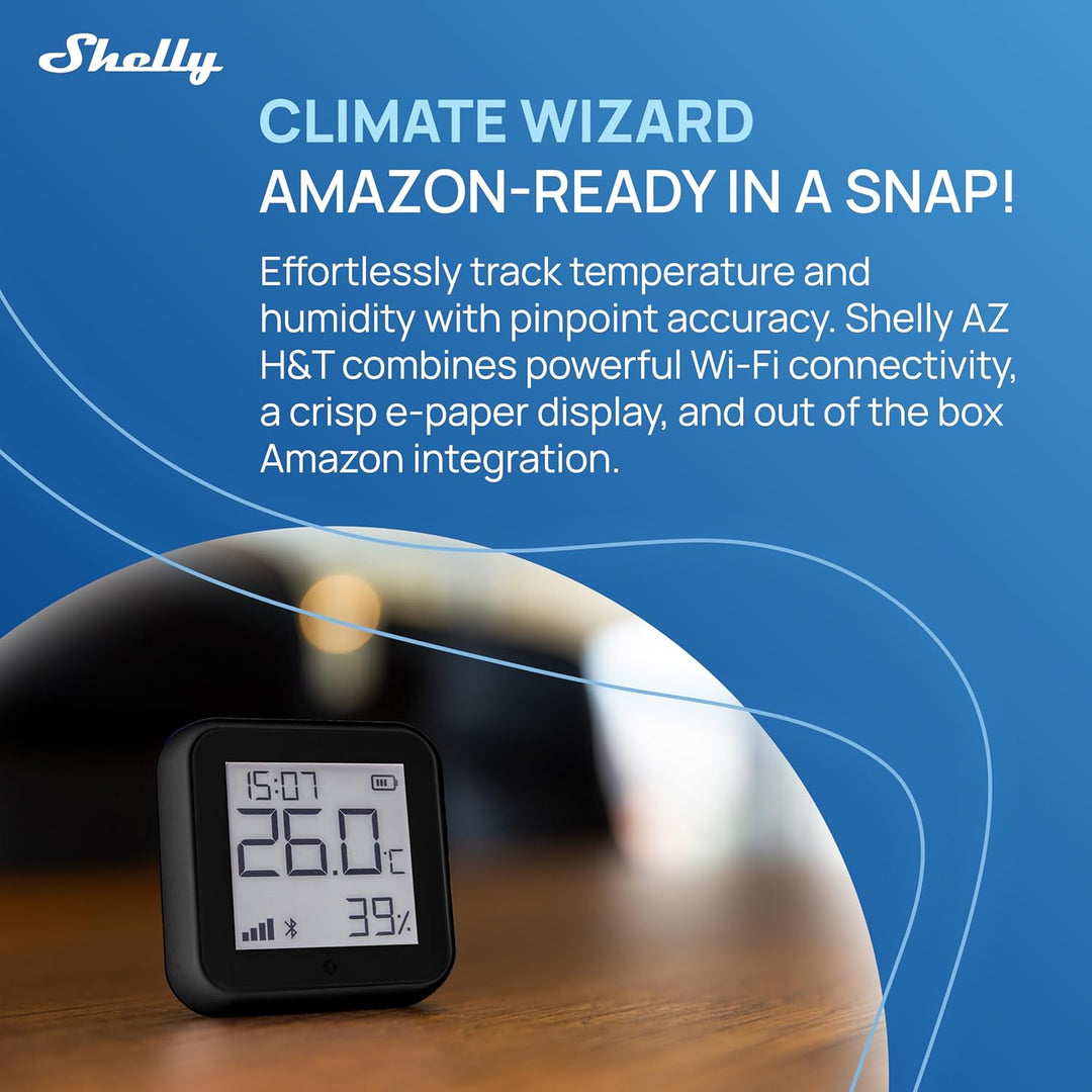 Shelly AZ H&T Schwarz, WLAN Smart Temperatur- und Feuchtigkeitssensor, Schnelle Verbindung mit Alexa