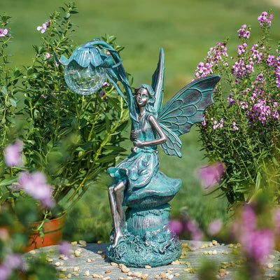 TERESA'S COLLECTIONS Gartenfiguren für aussen, Gartendeko für draussen, 35cm Sitzende Elfen mit Sola