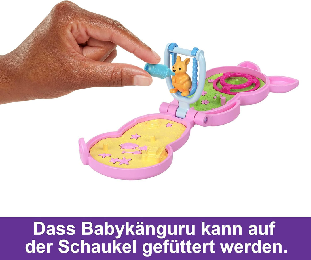 Polly Pocket Mama und Joey Känguru Tasche - 2-in-1-Spielset mit Tierkinderzimmer, 2 Puppen, 7 Tieren