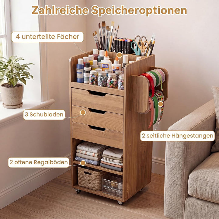 COSTWAY Rollcontainer mit 3 Schubladen, Rollwagen auf Rollen (Natur) | Bastelwagen mit 2 Rollstangen