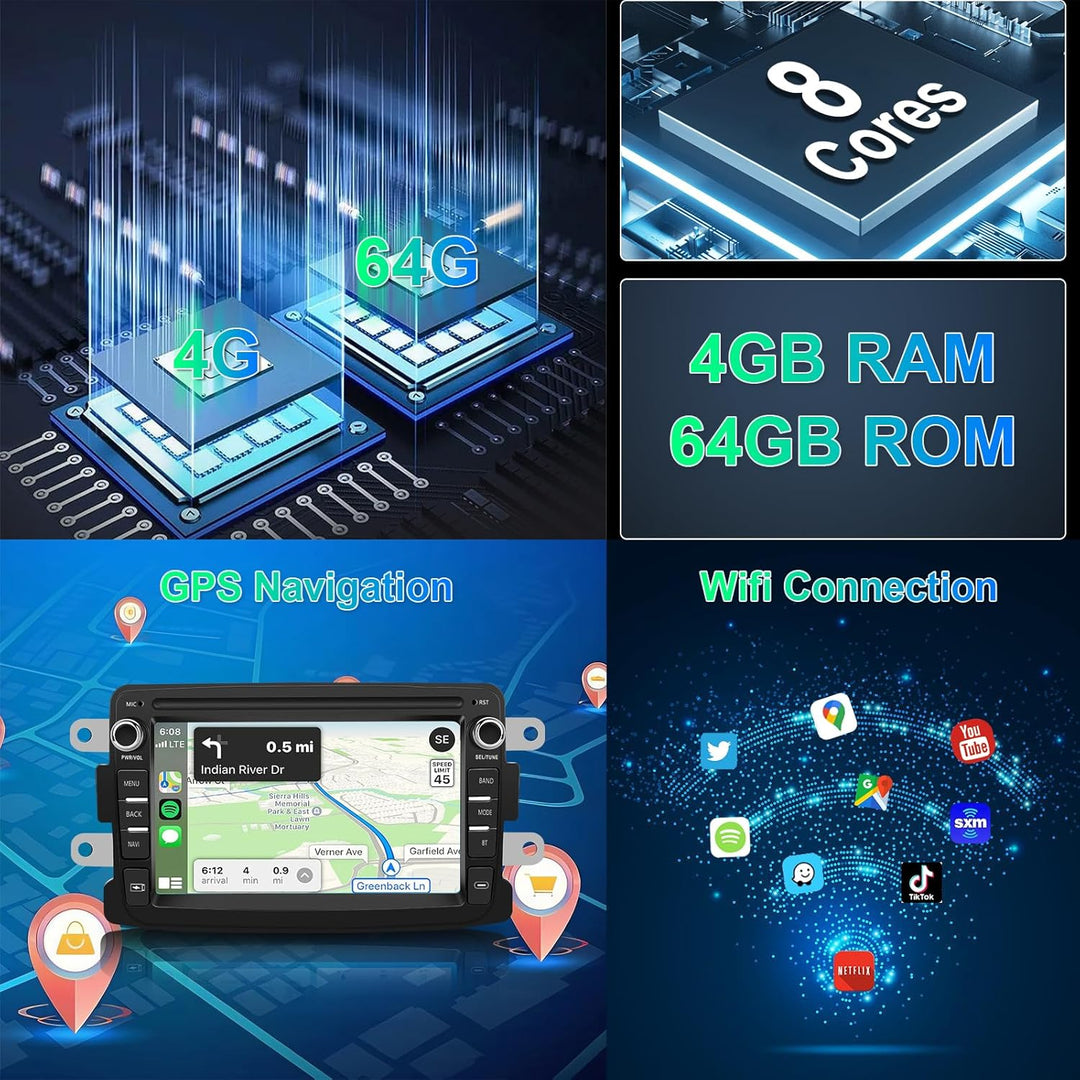 Hodozzy 8 Core 4G+64G Autoradio für Renault Dacia Logan Dokker Duster Sandero Lodgy Captur Symbol La