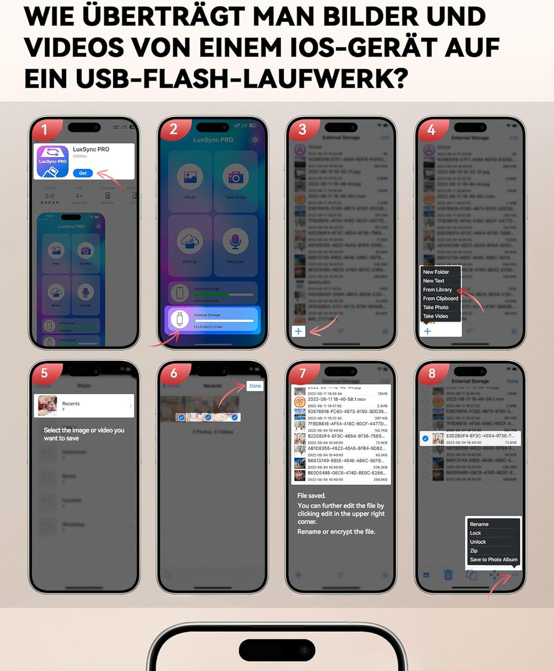 MFi Zertifizierter USB C Stick für iPhone 15, 3 in 1 Memory Stick, Externer Speicher für Lightning/i