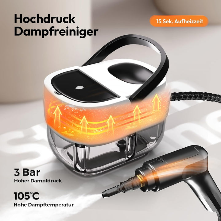 Dampfreiniger Handgerät, Tragbarer Hochdruck Dampfreiniger für Zuhause &amp; Auto, 3-Stufiger Griff, 15