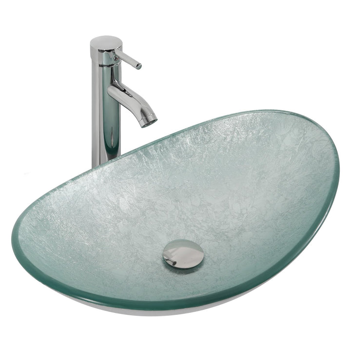 ARTETHYS Waschbecken Glas Aufsatzwaschbecken mit Wasserhahn Ablaufgarnitur, Oval Waschschale Waschti