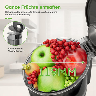 FOHERE Slow Juicer Entsafter Gemüse und Obst 119MM Öffnun Elektrische Kaltpresse mit Ruhigem 200 Wat