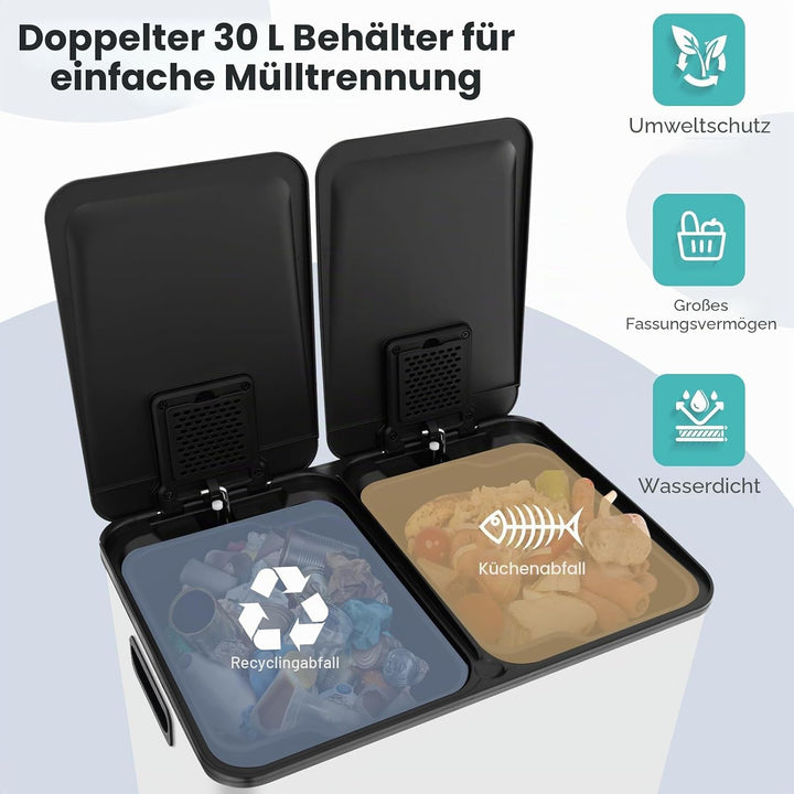 LIFEZEAL 60 L Mülleimer, Abfalleimer für Mülltrennung mit 2 Fächern, Müllsammler mit Deodorant, Deck