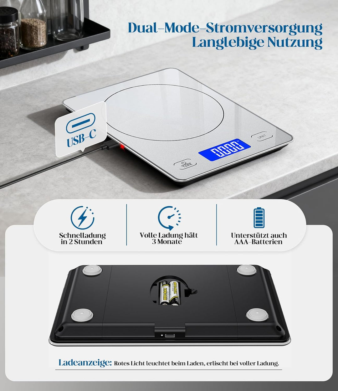 Küchenwaage Digital mit 15 kg Tragkraft, 5 Einheiten in g/ml/fl'oz, Präzise Waage Küche mit Grossem