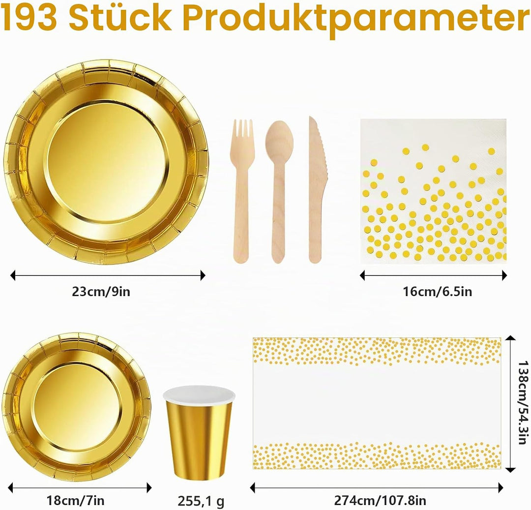 193Stück Gold Partygeschirr,Partyzubehör Pappteller Set, Papier Geschirr Set einschliesslich Einweg