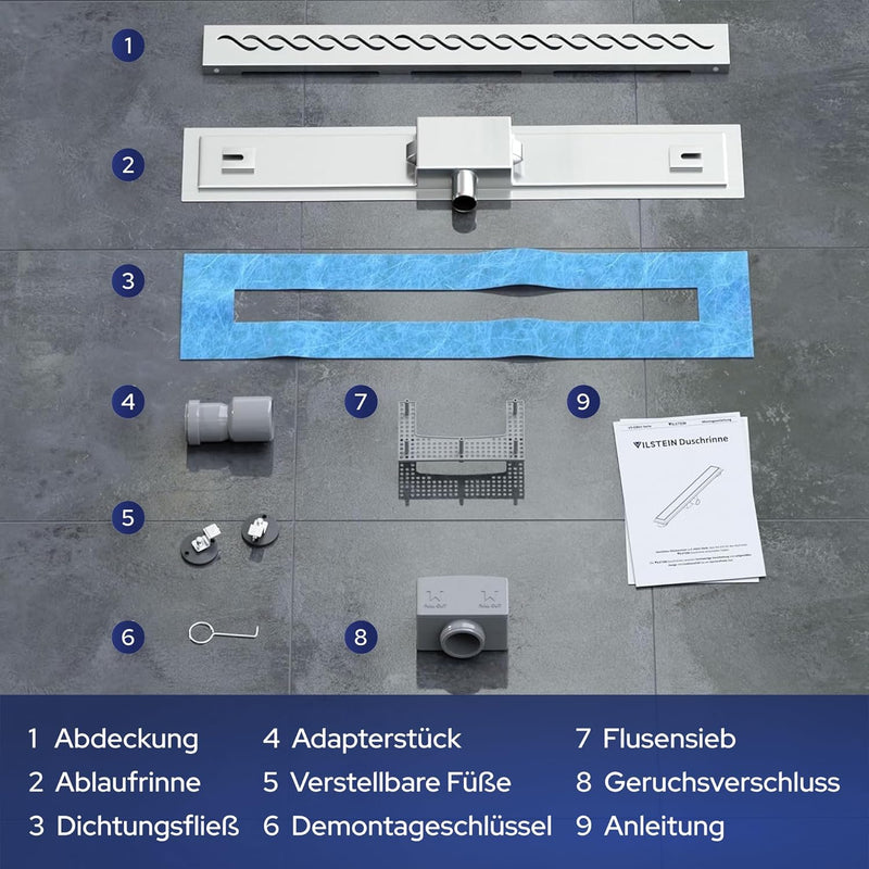 VILSTEIN Duschrinne 70cm, Edelstahl Bodenablauf Komplettset, extra flach, Siphon mit Geruchsstop, Ha