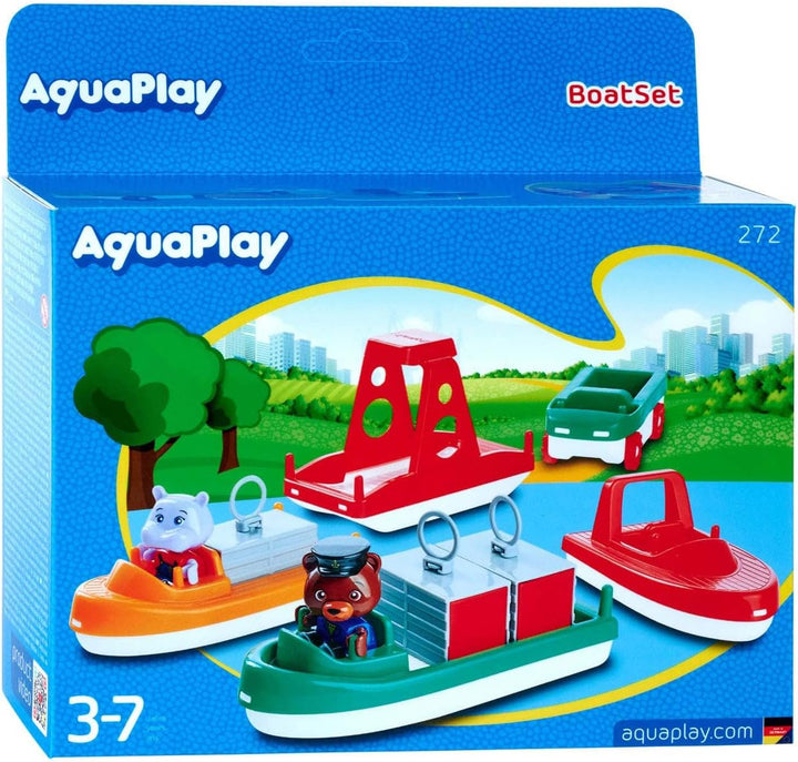 AquaPlay - BoatSet - Zubehör für AquaPlay Wasserbahnen oder für die Badewanne, 4 Booten, 1 Amphi-Lor