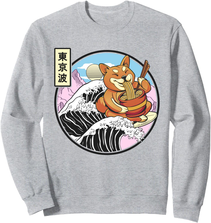 Surfen Shiba Inu Eating Ramen Kanagawa Wave Kawaii Anime Sweatshirt
