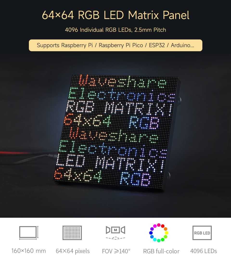 Waveshare RGB Full-Color LED Matrix Panel 2.5mm Pitch 64x64 Pixels Adjustable Brightness Compatible