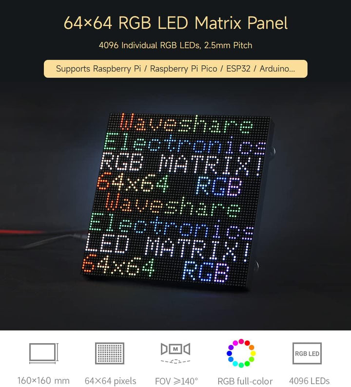Waveshare RGB Full-Color LED Matrix Panel 2.5mm Pitch 64x64 Pixels Adjustable Brightness Compatible