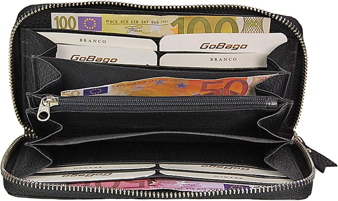 GoBago Damen Geldbörse Leder Portemonnaie Geldbeutel Damenbörse mit RFID Schutz (Schwarz), Schwarz